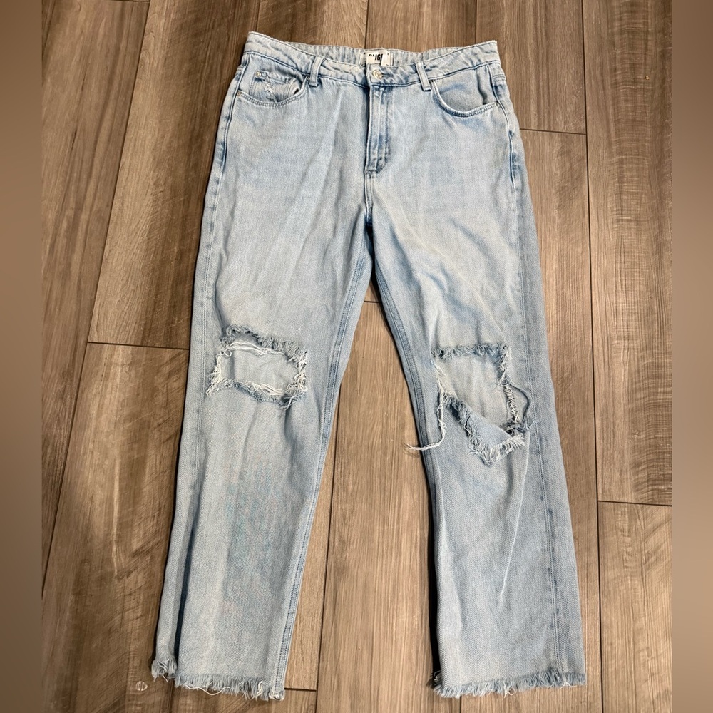 PAIGE Light Blue Straight Leg Distressed Jeans